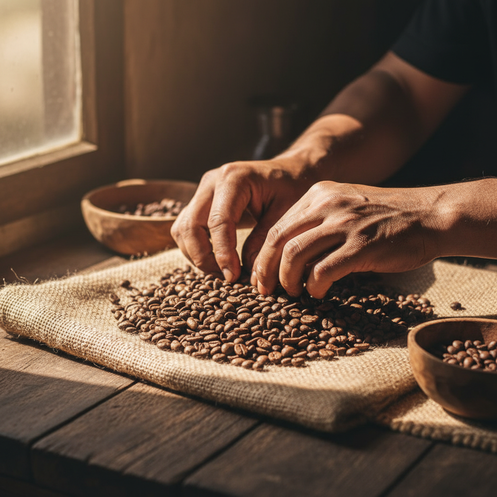 Hands working with coffee beans — source, skill, and value being created