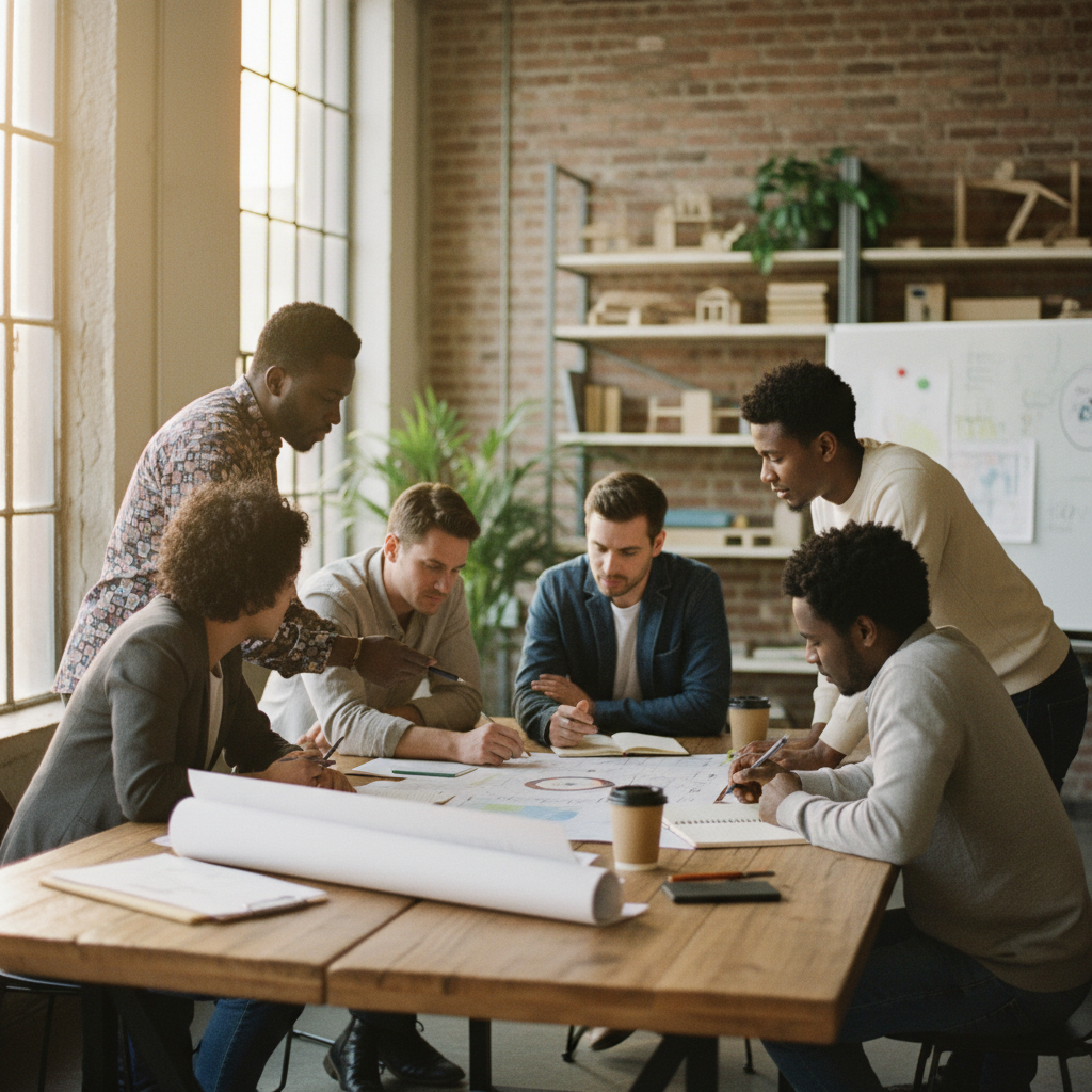 A diverse group of professionals and collaborators working together around a table — partnership, shared problem-solving, and trust in action