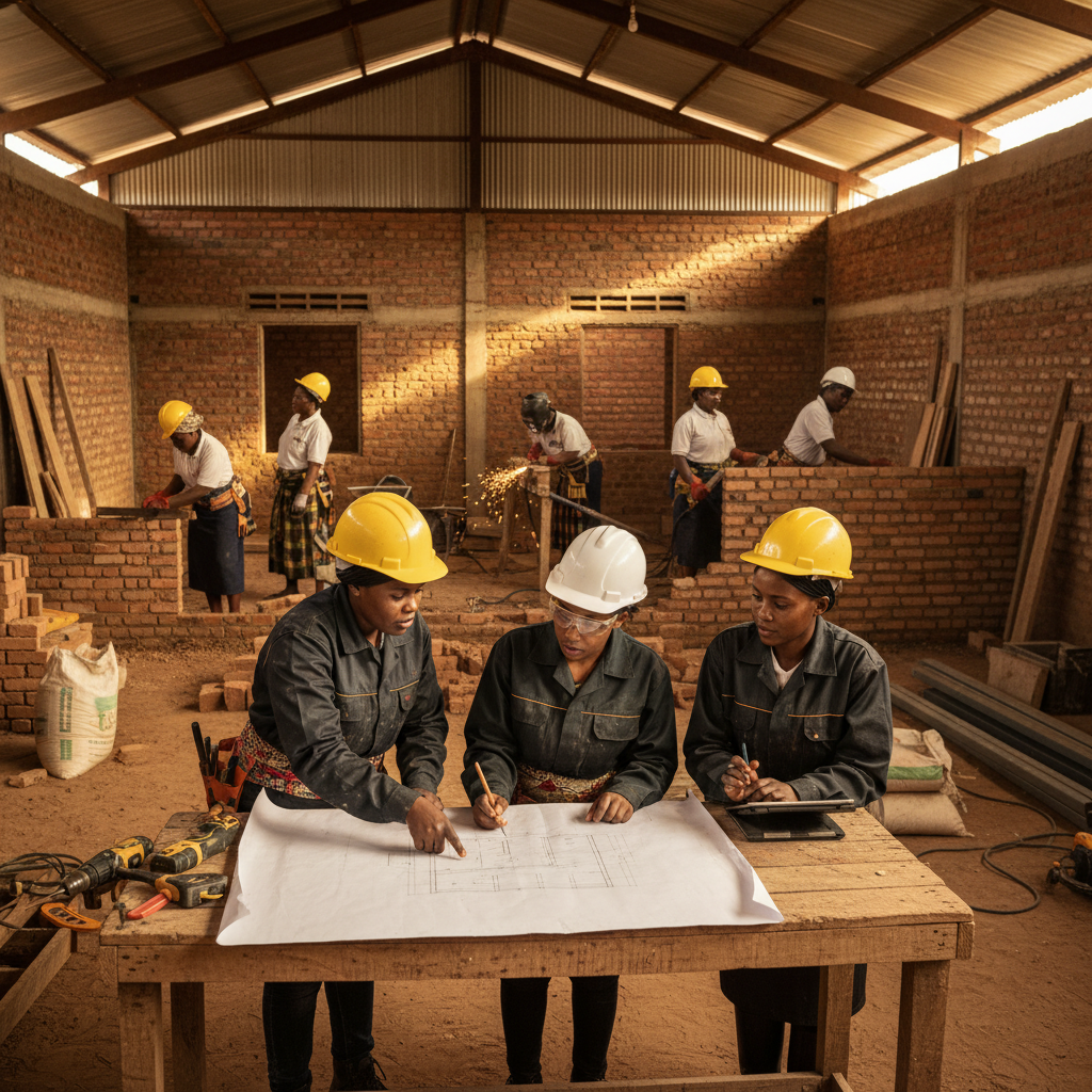 Women architects and builders actively working — TAWAH program activity, Tanzania