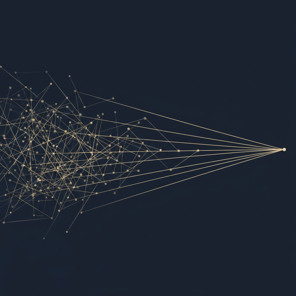 Abstract editorial visual representing DCP's approach — complexity resolved into structure and forward motion